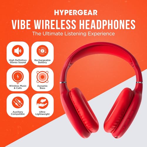 HyperGear Over-Ear Headphones - Wireless Bluetooth Headphones with Noise Isolation, Built-in Mic, Soft Memory Foam Cups for All-Day Comfort, Red - color: Red