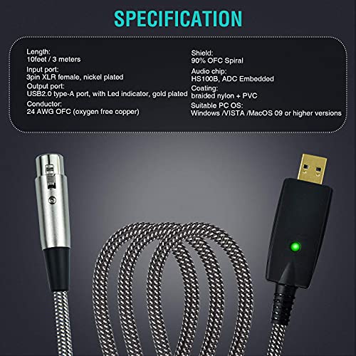 Microphone XLR Female to Computer USB Cable, 10 Feet Computer USB to XLR Female Mic Cord Adapter, Nylon Braided, Noise Free, for Laptop PC Recording, Livestream, Broadcast