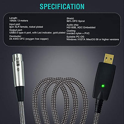 Microphone XLR Female to Computer USB Cable, 10 Feet Computer USB to XLR Female Mic Cord Adapter, Nylon Braided, Noise Free, for Laptop PC Recording, Livestream, Broadcast
