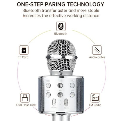 Wireless Bluetooth Karaoke Microphone Portable Handheld Mic Speaker 3-in-1 for All Smartphones Gifts Silver
