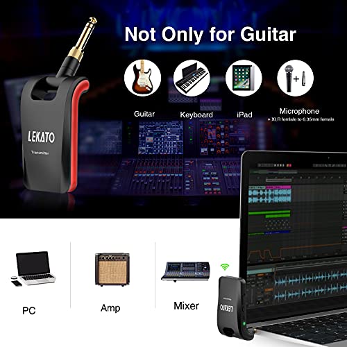 LEKATO Wireless Guitar System 2.4GHz Rechargeable Audio Wireless Transmitter Receiver 6 Channels for Guitar Bass Electric Instruments, Stereo and Mono 1/4” & 1/8” 2 in 1 Plugs,Black(WS-60) - color: black