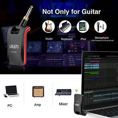 LEKATO Wireless Guitar System 2.4GHz Rechargeable Audio Wireless Transmitter Receiver 6 Channels for Guitar Bass Electric Instruments, Stereo and Mono 1/4” & 1/8” 2 in 1 Plugs,Black(WS-60) - color: black