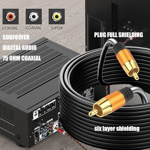 Generic 25FT Digital Coaxial Audio Cable, RCA Male to RCA Male, Subwoofer, Home Theater, Video/Audio, Black, 12 Feet, Male-to-Male, Outdoor, 12 MHz, 1 Count - style: 25FT