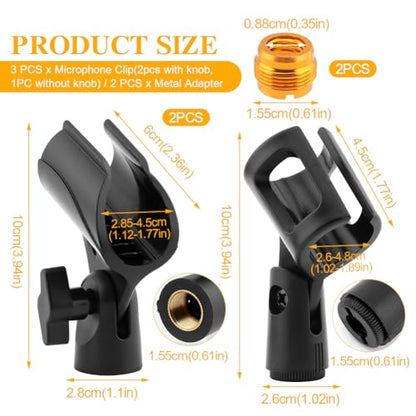 3 pcs Universal Microphone Clip Holder, Adjustable Mic Holder for Stand with 2 pcs 5/8" Male to 3/8" Female Screw Adapter for Wired Wireless Microphone Stand(black)