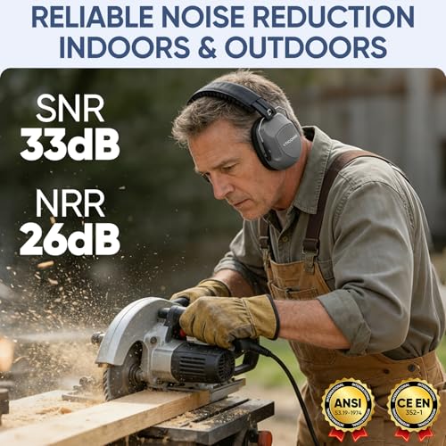 TICONN Noise Cancelling Ear Muffs for Adults, SNR 33dB Hearing Protection, Adjustable Safety Earmuffs for Construction - color: Dark Gray