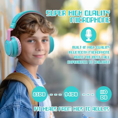 Mokata Kids Headphones Bluetooth 5.3 Wireless Lightweight Fast Charging 68 Hours Play Time Volume Limited 85/94dB Over Ear Foldable with Built-in Mic for Toddler Boy Girl Tablet Pad Cyan - color: Cyan