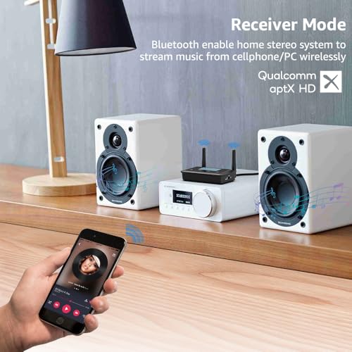 1Mii B03+ Bluetooth 5.3 Transmitter Receiver for TV Home Stereo | LCD Screen, aptX Adaptive/Low Latency/HD, Dual Link, Wireless Audio Adapter with Optical/RCA/3.5mm AUX, Soundbar Passthrough