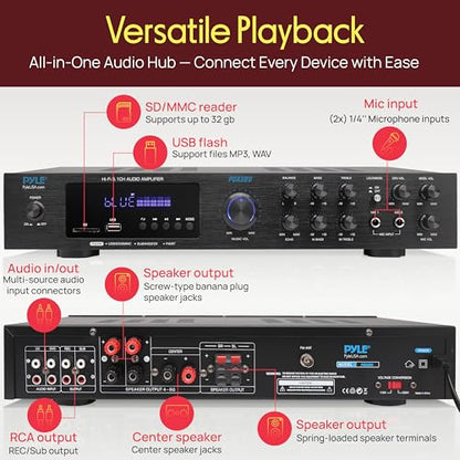 Pyle Bluetooth 5.1 Channel Home Entertainment Amplifier - Subwoofer Out - Easy Karaoke with Dual Mic Inputs w/ Echo, USB-A / SD Reader with MP3 Player, RCA In and Line out - PDA8BU