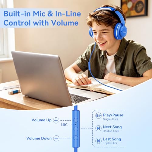 Wired Headphones with Microphone, Over Ear Lightweight Foldable 3.5mm Plug in Corded Headphones Wired with Volume Control, 4.9ft Tangle-Free Cord for Tablet Laptop MP3/4 School Travel Blue White | Wired Over Ear Foldable Corded Headphones for Teens Classr