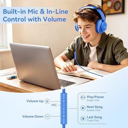 Wired Headphones with Microphone, Over Ear Lightweight Foldable 3.5mm Plug in Corded Headphones Wired with Volume Control, 4.9ft Tangle-Free Cord for Tablet Laptop MP3/4 School Travel Blue White | Wired Over Ear Foldable Corded Headphones for Teens Classr