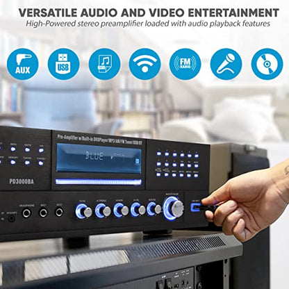 Pyle 4 Channel Bluetooth Amplifier with Front Loading DVD/CD Player - 3000 Watt Stereo Receiver with FM Radio, Dual Microphone w/Echo for Karaoke, USB-A in, LED, Rack Mount - PD3000BA.5