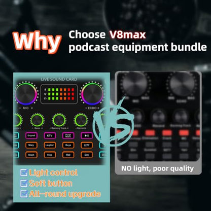 Podcast Equipment Bundle for 2, V8mx Audio Interface with Voice Changer Condenser Microphones for Gamer, All-in-One Audio Mixer Perfect for Live Streaming, Singing, YouTube, Gaming (V8MAX KIT FOR 2)