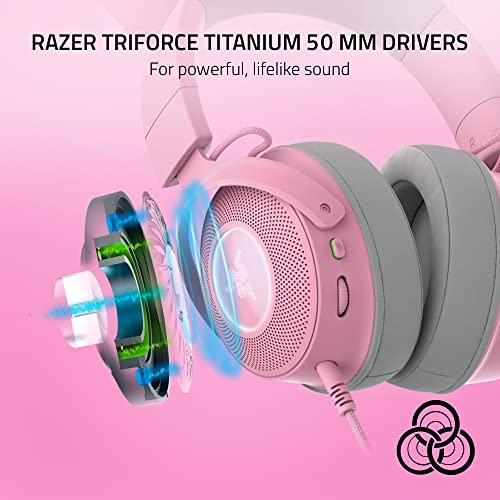 Razer Kraken Kitty V2 Pro Wired RGB Headset: Interchangeable Ears (Kitty, Bear, Bunny) - Stream Reactive Lighting - Detachable HyperClear Cardioid Mic - 50mm Drivers - 7.1 Surround Sound - Quartz Pink - color: Quartz Pink