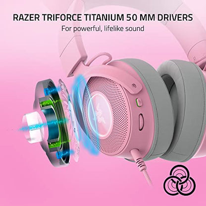 Razer Kraken Kitty V2 Pro Wired RGB Headset: Interchangeable Ears (Kitty, Bear, Bunny) - Stream Reactive Lighting - Detachable HyperClear Cardioid Mic - 50mm Drivers - 7.1 Surround Sound - Quartz Pink - color: Quartz Pink