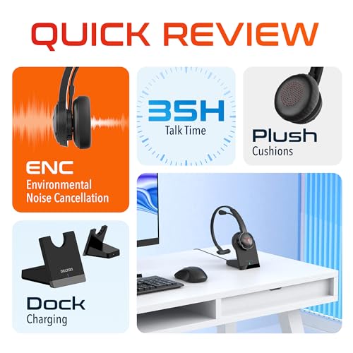 Delton 50X Noise Canceling Bluetooth Computer Headset with Charging Dock | Wireless headset for Laptop/PC/iMac/Tablet/Smartphones, Compatible with MS Teams, Zoom, Google Meet, Slack and More - Black