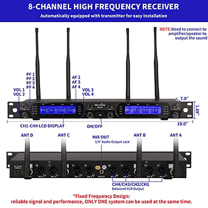 MicrocKing 8-Channel UHF Wireless Microphone System, 8 Mics, 400ft Range | Ideal for karaoke, church, conference & events. 8 dynamic metal handheld mics, 400ft range. Auto connect for easy setup. - style: 8 Handheld mics