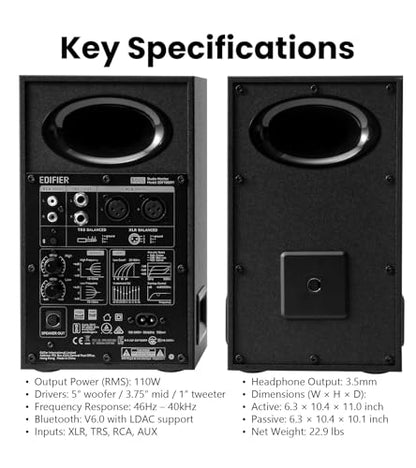 Edifier MR5 2.0 Studio Monitor Bookshelf Speakers, 110W RMS, Black | Hi-Res Audio, Bluetooth 6.0, 3-Way Active Design, Room Compensation, XLR/TRS/RCA Inputs, Home Studio & Music - color: Black