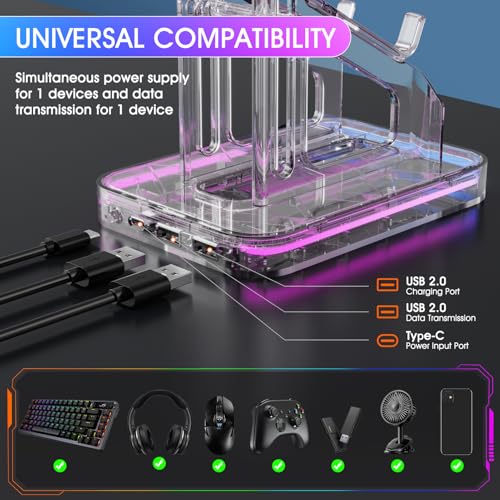 Luckit Gaming Headphones Stand, RGB Headset Stand with 2 USB Charging Ports, Dual Controller Holder with Light Modes, Earphone Hanger Accessories for Desktop Gamer