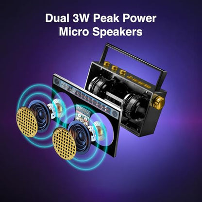 Portable Bluetooth Speakers, Retro Speakers Bluetooth Wireless Wearable | Mini Bluetooth Boombox with 27” Neck Chain, FM Radio, On-Board Buttons, Dual 3W Peak Power Bluetooth Speaker for Anywhere - color: Black/ Gold