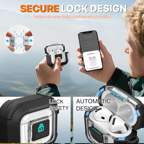 for AirPods 4 Case with Lock Magnetic Lid MagSafe, Black | Compatible with Apple AirPods 4th Generation Protective Case with Cleaner Kit & Carabiner, Powerful Drop Protection - color: A-TW-Black, size: Airpods 4th Generation