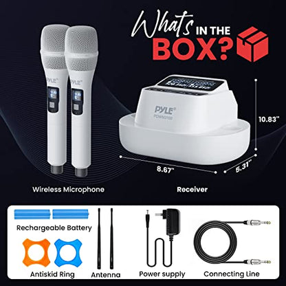 Pyle UHF Wireless Microphone System – Bluetooth Receiver with 2 Rechargeable Handheld Mics, 1200mAh Batteries, Clear Sound for Karaoke, Classroom, Office & Business Use