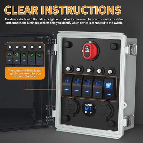 Joinfworld 12V Rocker Switch Box, 5 Gang Toggle Switch Panel | Waterproof, LED Lighted with Breaker, USB & PD Type C Charger, LED Voltmeter, For Marine Boat Automotive Car