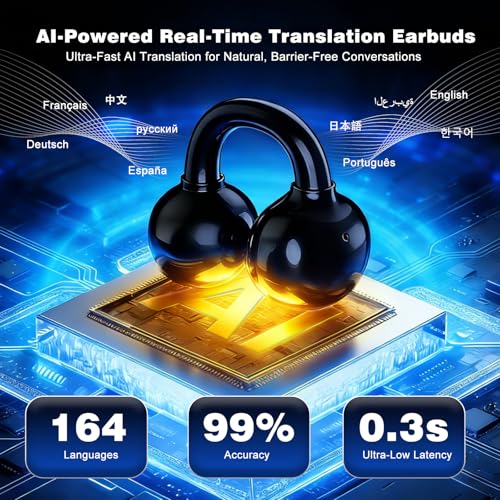 AI Translation Earbuds Real Time, 164 Languages Translator Earbuds, Wireless Translating Ear Buds, Bluetooth Headphones for Travel Business Meeting Learning (Black)