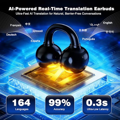 AI Translation Earbuds Real Time, 164 Languages Translator Earbuds, Wireless Translating Ear Buds, Bluetooth Headphones for Travel Business Meeting Learning (Black)