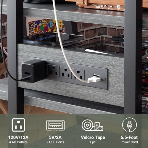 Besiost AV Media Stand with Outlets, Media Console with LED Lights, Stereo Racks and Stands with Storage Shelves, Media Audio Tower Stand, Light Grey Walnut - color: Grey Walnut