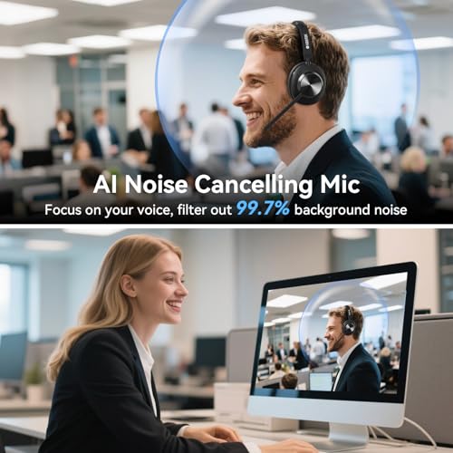 Wireless Headset with Mic for Work,Wireless Computer Headset(Bluetooth V5.3 + USB Dongle)w/Noise Cancelling Mic & Mute Button,Long Battery Life for Work,Zoom,Teams,Online Meetings,Home Office