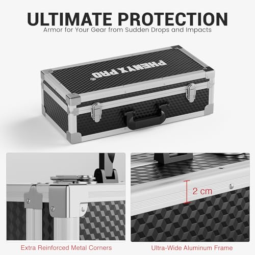 Phenyx Pro Storage Case with Pre-Diced Foam and Alloy Frame PCSE-L | Aluminum Alloy Frame, Protective Gear Storage, Ergonomic Handle, Wireless Mic Systems, Camera Gear - size: Large (53.5*16.5*29cm)