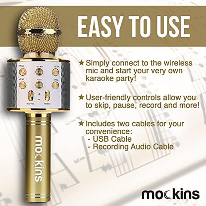 Mockins Gold Bluetooth Karaoke Microphone for Kids with Built in Bluetooth Microphone Wireless Speaker | Wireless Mic Karaoke Compatible with iPhone & Android | All-in-One Mic - color: Gold