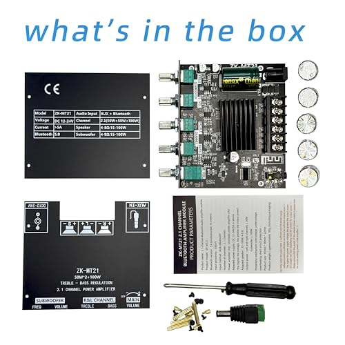 ZK-MT21 2.1 Channel Bluetooth Amplifier Board – Mini 12V-24V Audio Amplifier with Subwoofer Output, Bass Treble Control 50W+50W+100W– DIY HiFi Home TV Amp for Passive Speakers - size: ZK-MT21