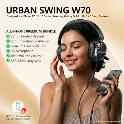 Premium Wired Headphones with Mic, 3.5mm AUX Cord and USB-C Adapter