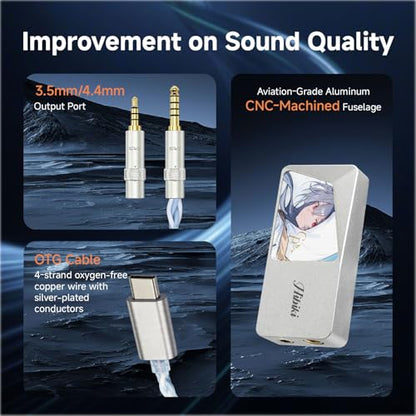 CVJ USB C Headphone Amp DAC Dongle 3.5mm Jack Audio Portable Amplifier | Dual Output DSD 256, 4.4mm Balanced, High Res 32bit/384kHz, ES9039Q2M Chip for iPhone 15 Pro Max Plus iPad Android Phone - color: Sliver