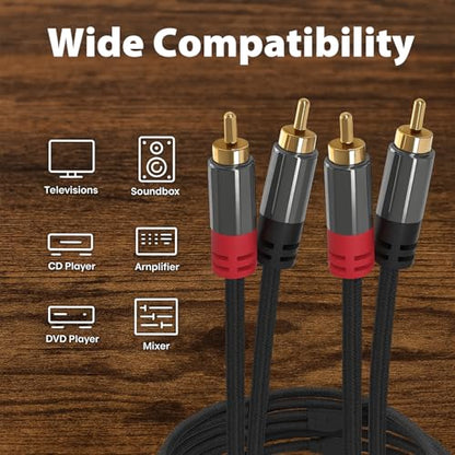 RCA Audio Cable, 2RCA to 2 RCA Cables Car Audio, 10ft | Male to Male, Shielded Cables with Braided Jacket and Gold-Plated Connectors – for Home Theater, Car, Amplifier, Speaker - size: 10ft