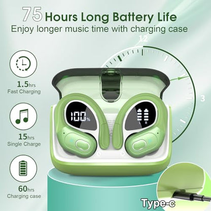 Wireless Earbuds 75H Bluetooth 5.4 Sport Headphones with Earhooks, Green | IPX7 Waterproof In-ear Buds Feature ENC Noise Cancelling Mic & Deep Bass. Stereo Sound Device for Gym Running Workout - color: Green