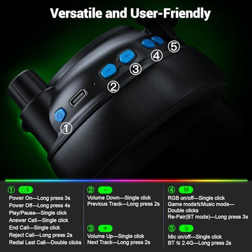 2.4 GHz Wireless Gaming Headset with Microphone,Low Latency,50mm Drivers | For PC,PS5,PS4,Switch,Mac,Bluetooth 5.4 Gaming Headphones,Noise Canceling, Lightweight,Cool RGB,1200mAh,Foldable-Black Blue