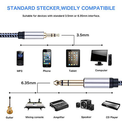 Tiierzon 3.5mm to 6.35mm Stereo Cable 25FT, 1/8" TRS to 1/4" Braided Audio Cord, Gold-Plated Aux Cable for Electric Guitar, Amplifier, Home Speaker, Keyboard, Mixer, Laptop - Bidirectional (25Ft) - size: 25Ft