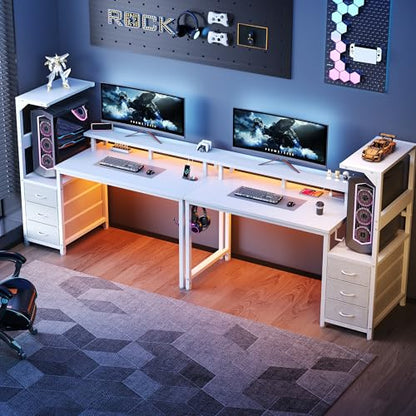 52" Reversible Gaming Desk with LED Lights Power Outlets, White