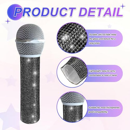 MECCANIXITY Black Mic Handle Cover, Rhinestones Microphone Handle for Most Universal Wireless Microphones, Mic Not Included(with Grey Velvet Bag) - color: Black Grey