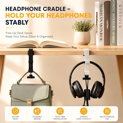 JAKO New Foldable Headphone Stand for Desk, Aluminum Alloy Headphone Holder - Headset Stand Hook Space Save Mount, Universal Fit PC Gaming Headsets Holder Under Desk Clamp for Office, Computer Table - color: Silver