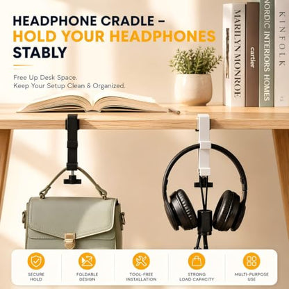 JAKO New Foldable Headphone Stand for Desk, Aluminum Alloy Headphone Holder - Headset Stand Hook Space Save Mount, Universal Fit PC Gaming Headsets Holder Under Desk Clamp for Office, Computer Table - color: Silver