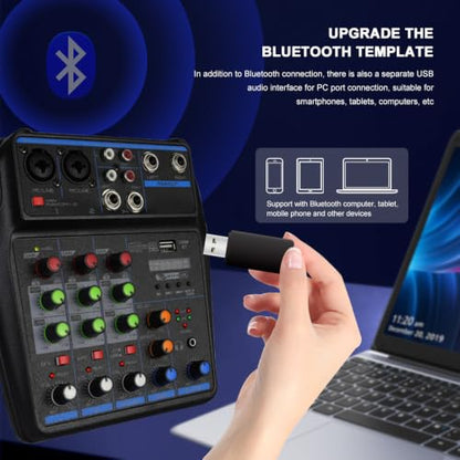 DJ Audio Mixer, DJ Mixers 4 Channel Sound Board with Bluetooth, Sound Mixer Board XRL/1/4" Interface, USB/MP3 Computer Input 48V Phantom Power Stereo DJ Studio Streaming KTV Stage