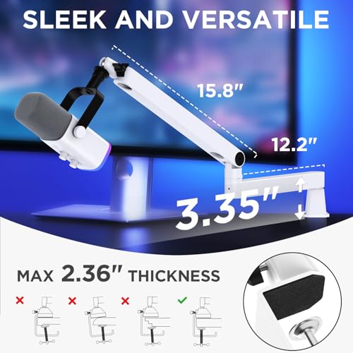 InnoGear 로우 프로파일 마이크 암 붐 암 마이크 스탠드 데스크 마운트, 화이트 | 다중 어댑터, 1.5kg(3.3파운드) 무게 용량, Blue Yeit Nano에 적합, 진동 방지, 각도 조절 가능 - color: 화이트., style: 로우 프로파일 마이크 암