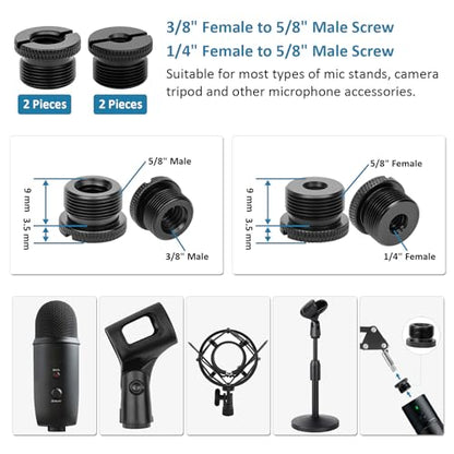 14 Pcs Mic Stand Adapter Set with 2 Extension Tubes, 1/4 to 5/8 & 3/8 to 5/8 Threaded Screw Mount for Microphone Boom Arm, Camera Tripod, Shock Mount(Black)