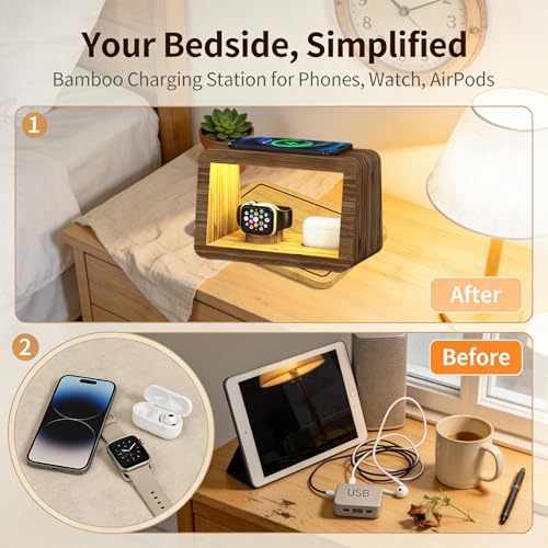 4 in 1 Bamboo Charging Station for Multiple Devices, 15W Fast Wireless Charger with Stepless Dimmable Night Light, Wood Style Dock Compatible with iPhone/iWatch/AirPods