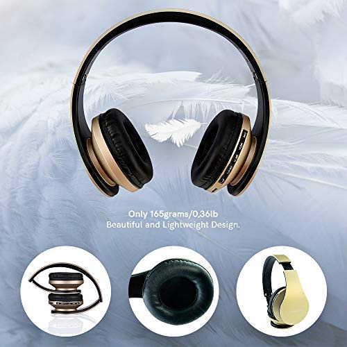 PowerLocus Wireless Bluetooth Over-Ear Stereo Foldable Headphones, Wired Headsets Rechargeable with Built-in Microphone for iPhone, Samsung, LG, iPad (Gold) - color: Gold
