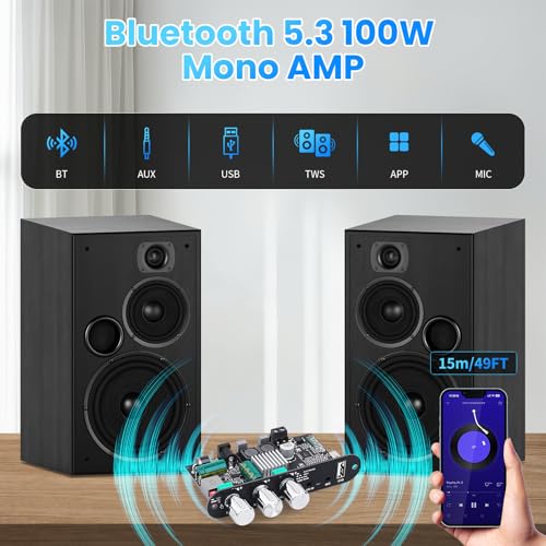 ZK-1001UM Bluetooth 5.3 Amplifier Board, 100W Mono Audio Amp with TWS Box | Mini Boost Circuit Amps for Home Outdoor DIY Speakers, MIC and Reverb, USB/AUX Input,DC 9-24V (2 Pack) - color: Silver 2PCS ZK-1001UM