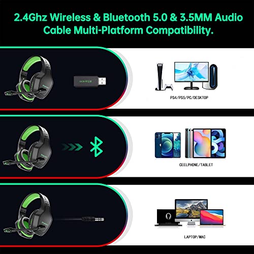 2.4G 无线游戏耳机带麦克风适用于 PC ， PlayStation 4 5 无线蓝牙 USB 游戏耳机带麦克风,适用于笔记本电脑,50 小时播放时间